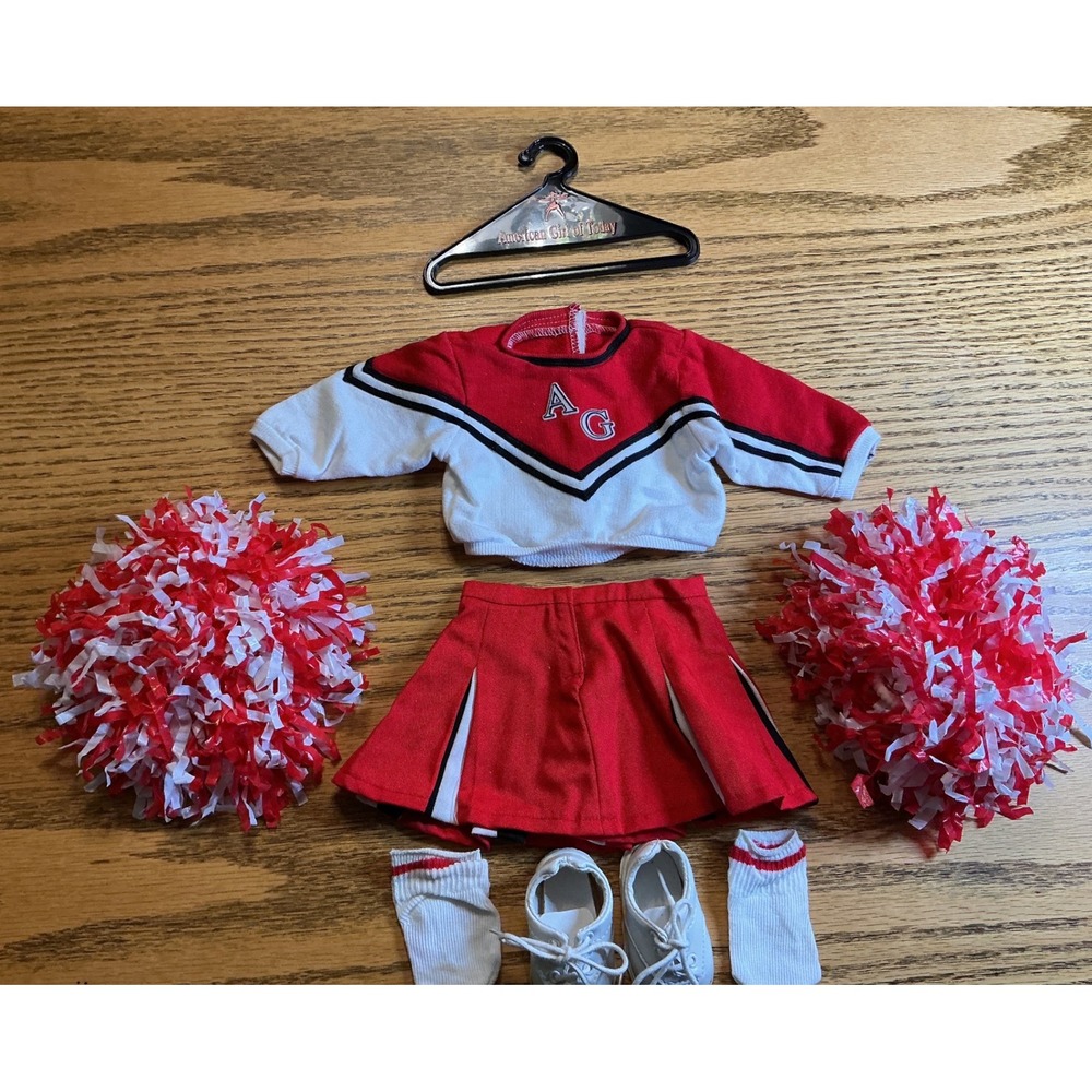 American Girl of Today Cheerleader Outfit Set Red White Pom Poms Shoes Hanger